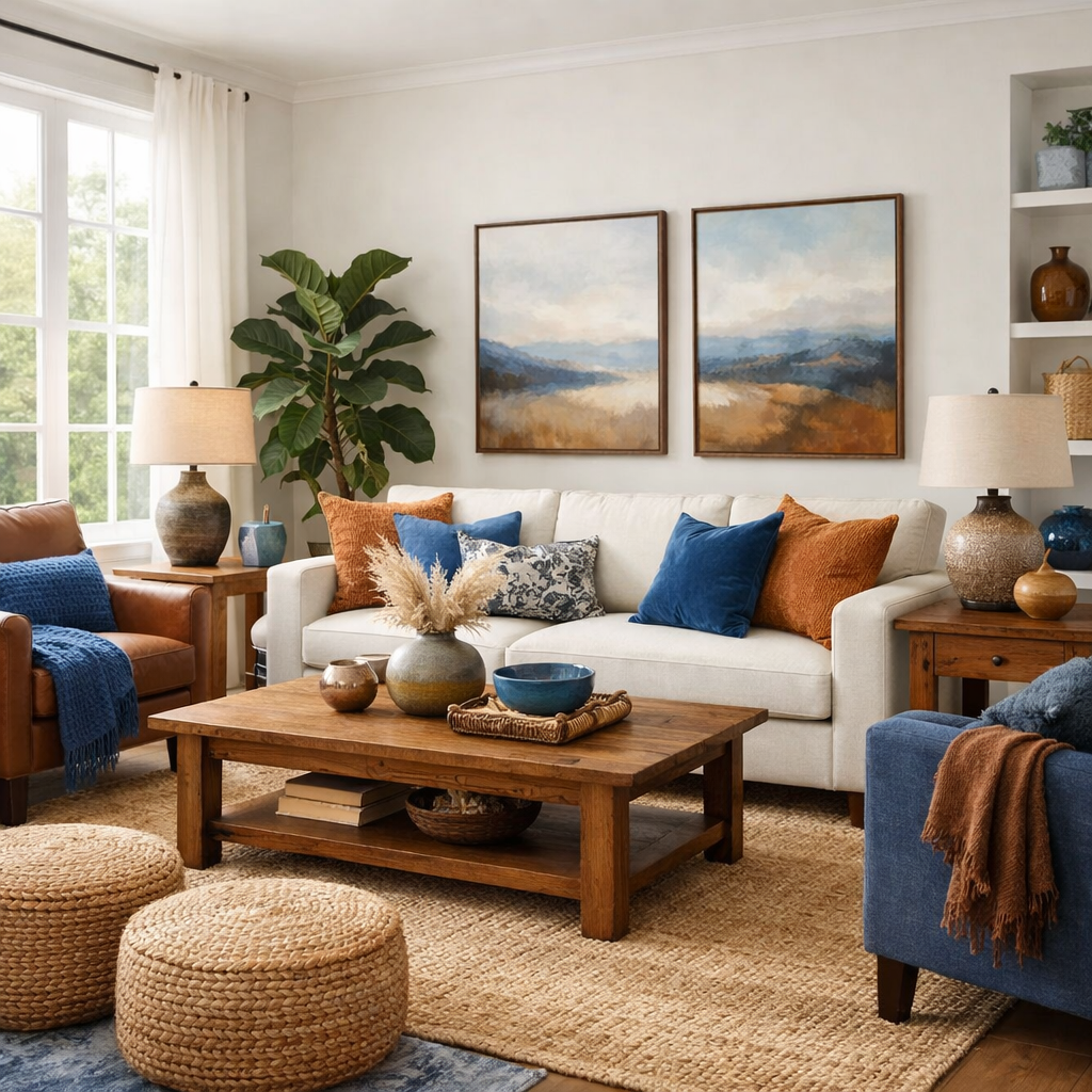 A cozy living room featuring brown and blue decor with a white sofa, leather armchairs, and natural light.