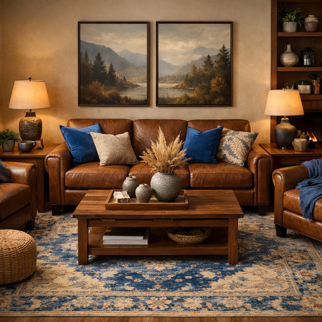 A cozy living room featuring a brown leather sofa, blue accent pillows, and earthy decor.