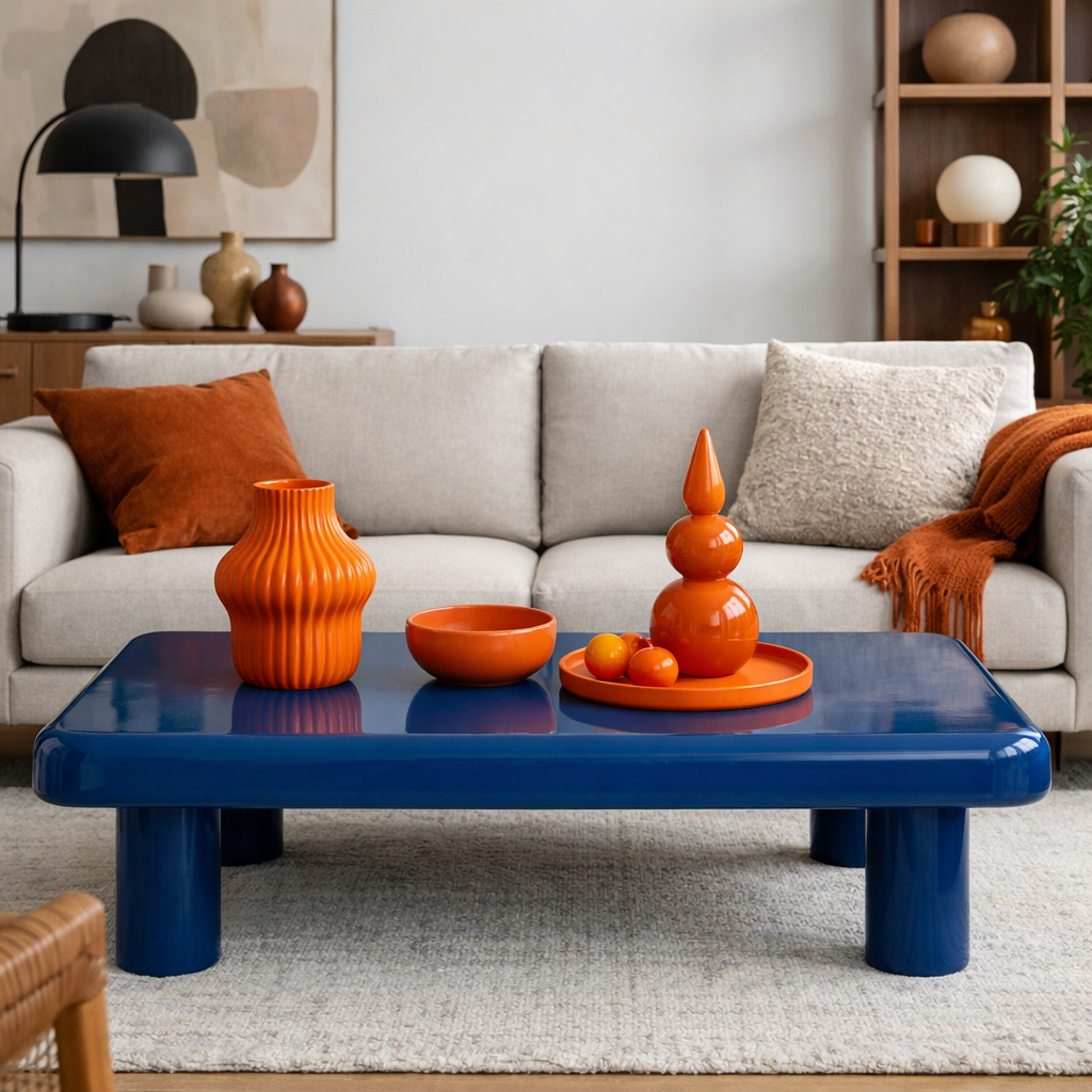 A stylish blue coffee table with orange decor, set in a modern living room