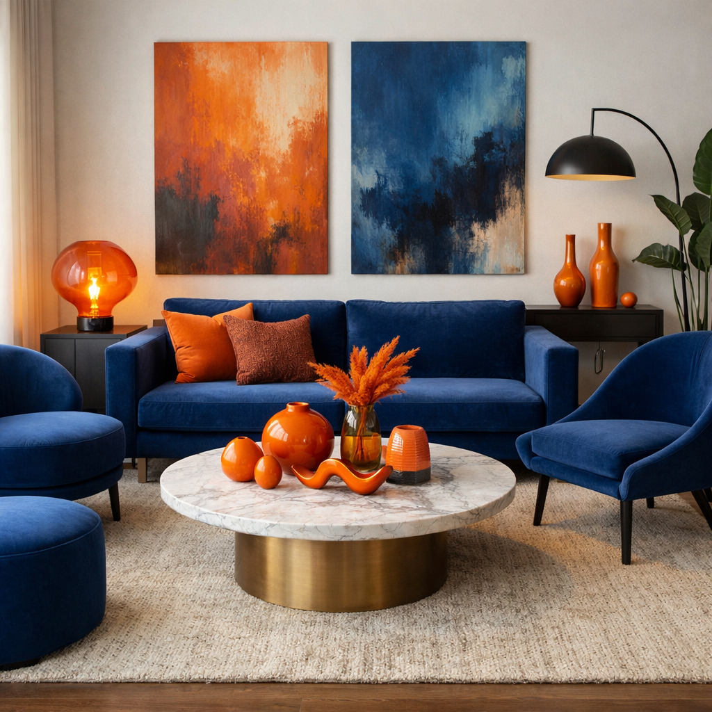 A living room featuring a blue sofa and chairs with orange decorative items and artwork.