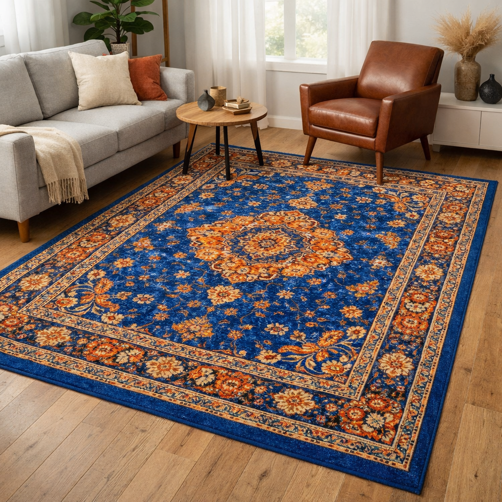 A cozy living room featuring a blue rug with orange patterns, gray sofa, and brown armchair.