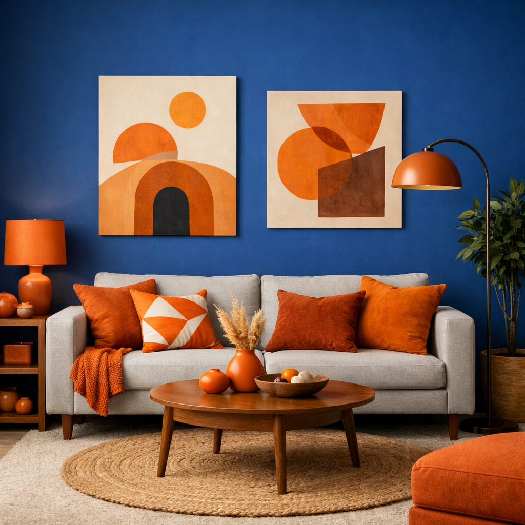 Living room with a bold blue accent wall, grey sofa, orange decor and geometric art.