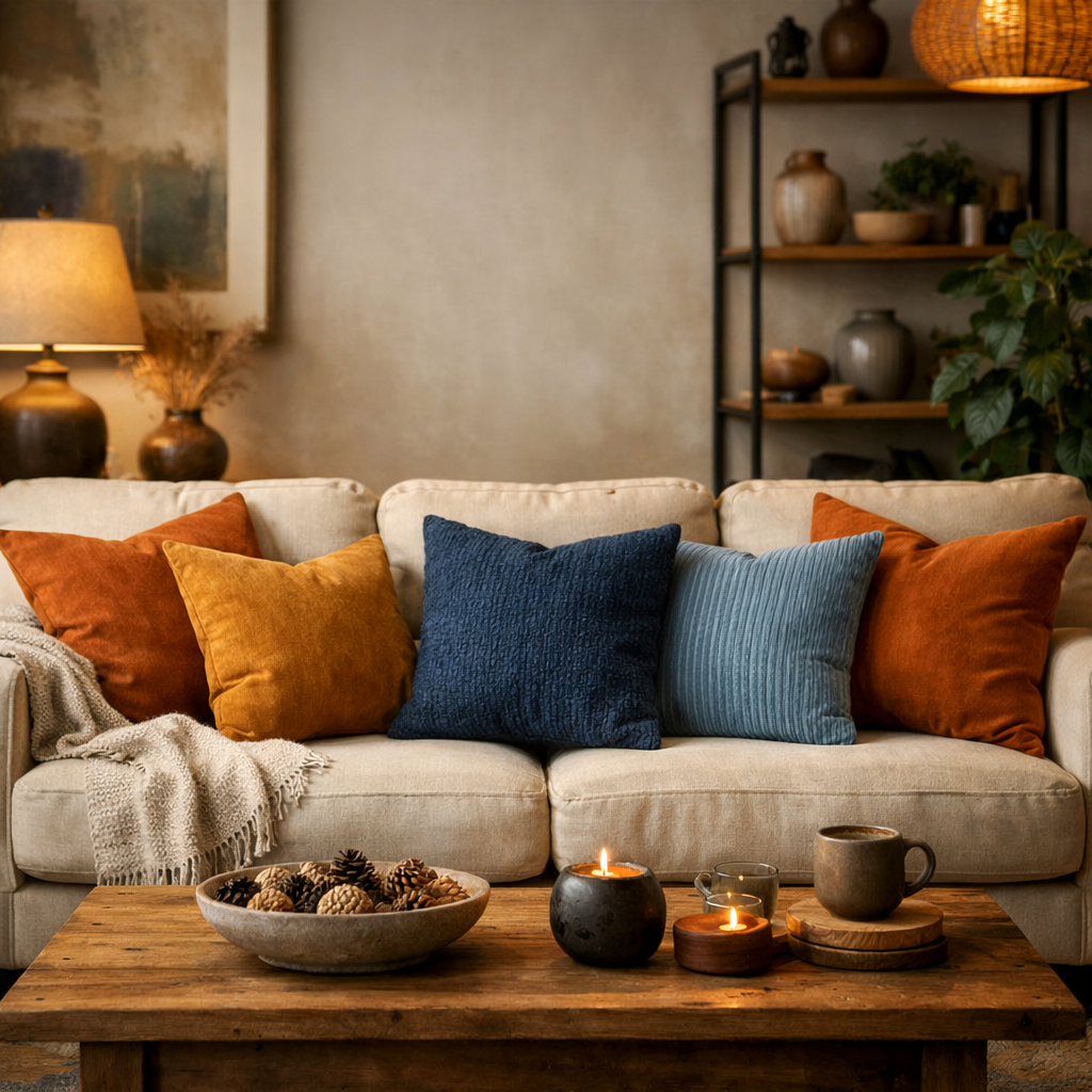 A cozy living room with orange and blue throw pillows on a beige couch, complemented by a wooden coffee table and soft lighting.