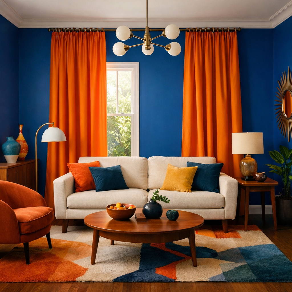 Living room with blue walls and bright orange curtains, featuring a cozy sofa and decorative pillows.