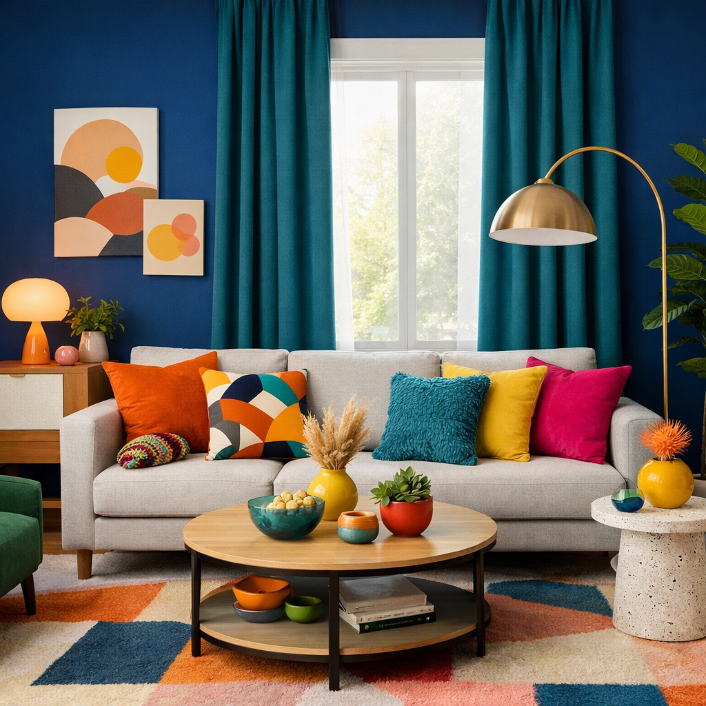 A colorful living room with blue curtains, accented wall, and varied decor items.