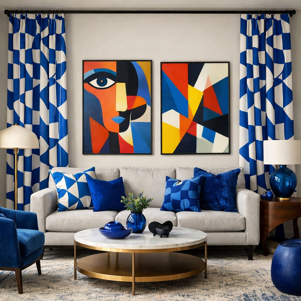 Living room with blue geometric curtains, colorful artwork, and modern furniture