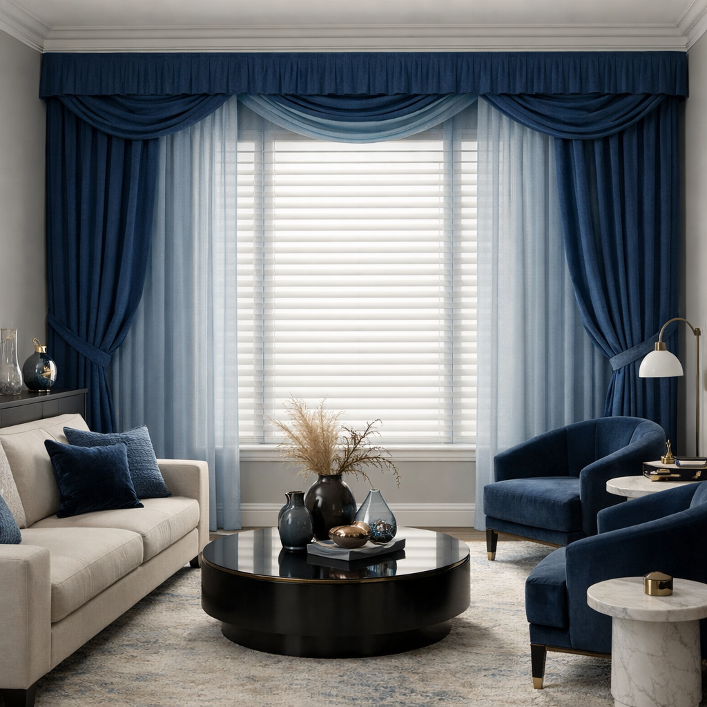 A stylish living room featuring layered blue curtains, a cozy sofa, and elegant decor.
