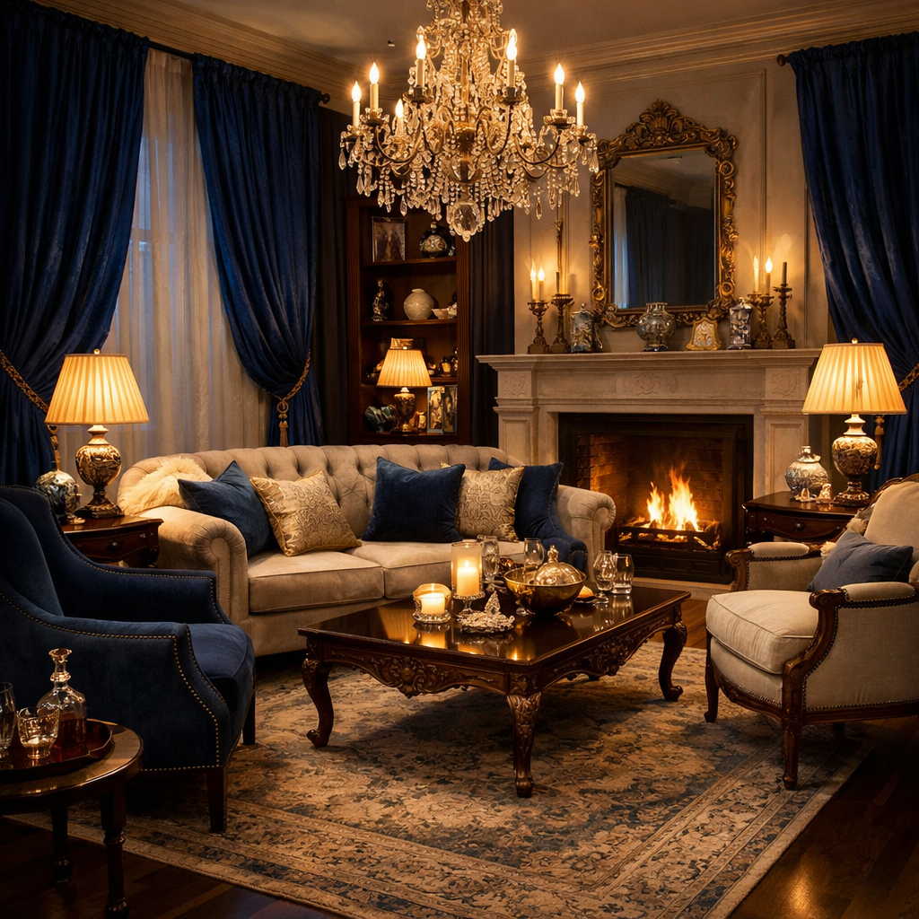 Elegant living room featuring blue velvet curtains, a comfortable sofa, and a luxurious chandelier.
