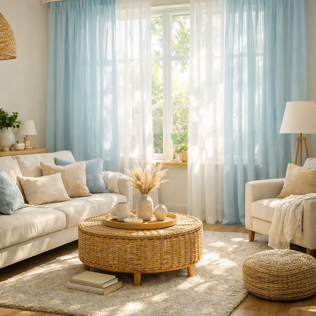 A bright living room with blue sheer curtains allowing natural light to fill the space, featuring a cozy sofa and decorative elements.