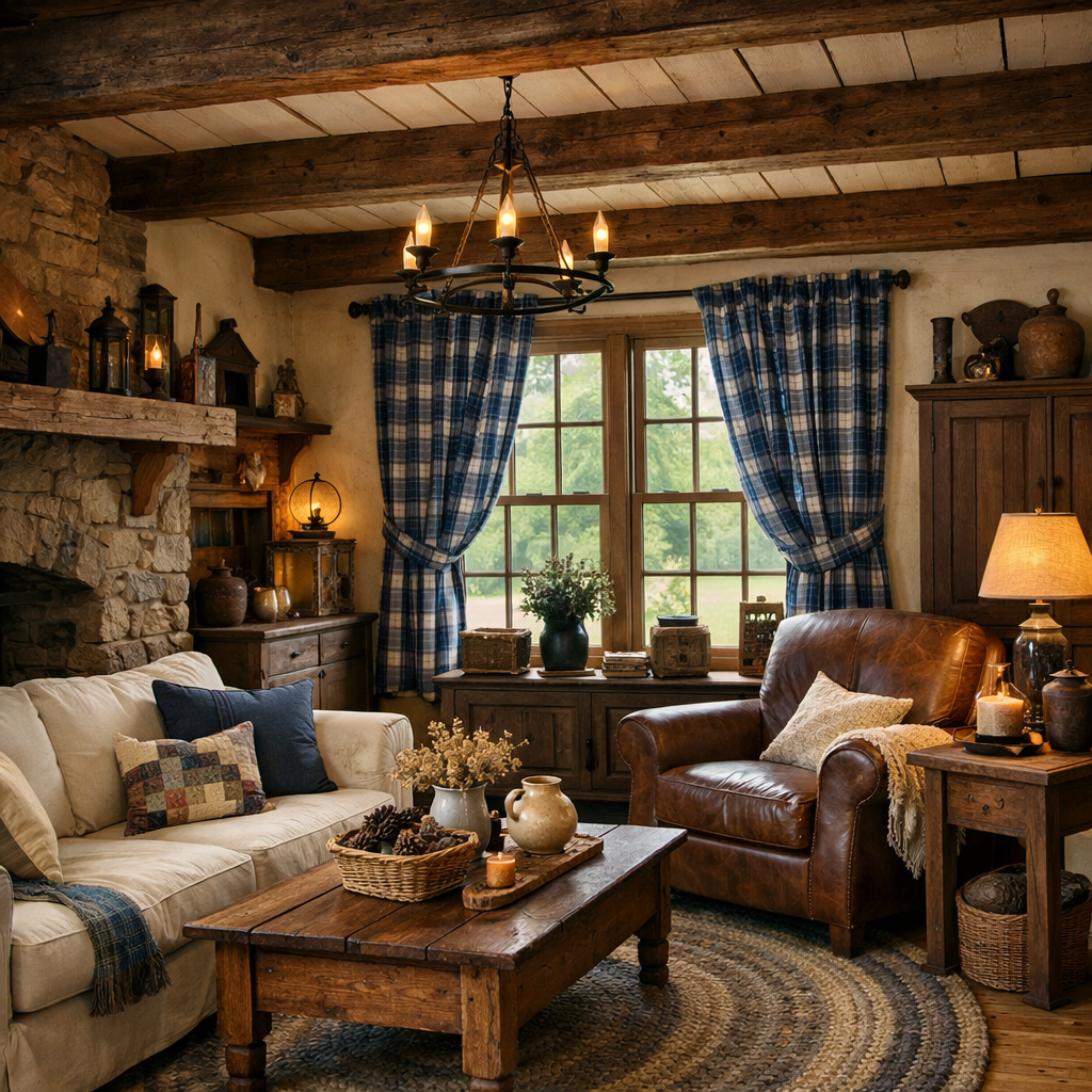 A rustic living room featuring blue plaid curtains, a stone fireplace, and warm wooden furniture.
