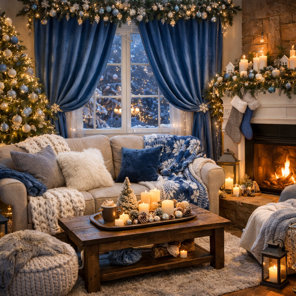 Cozy living room with blue curtains, festive decorations, and a warm fireplace.