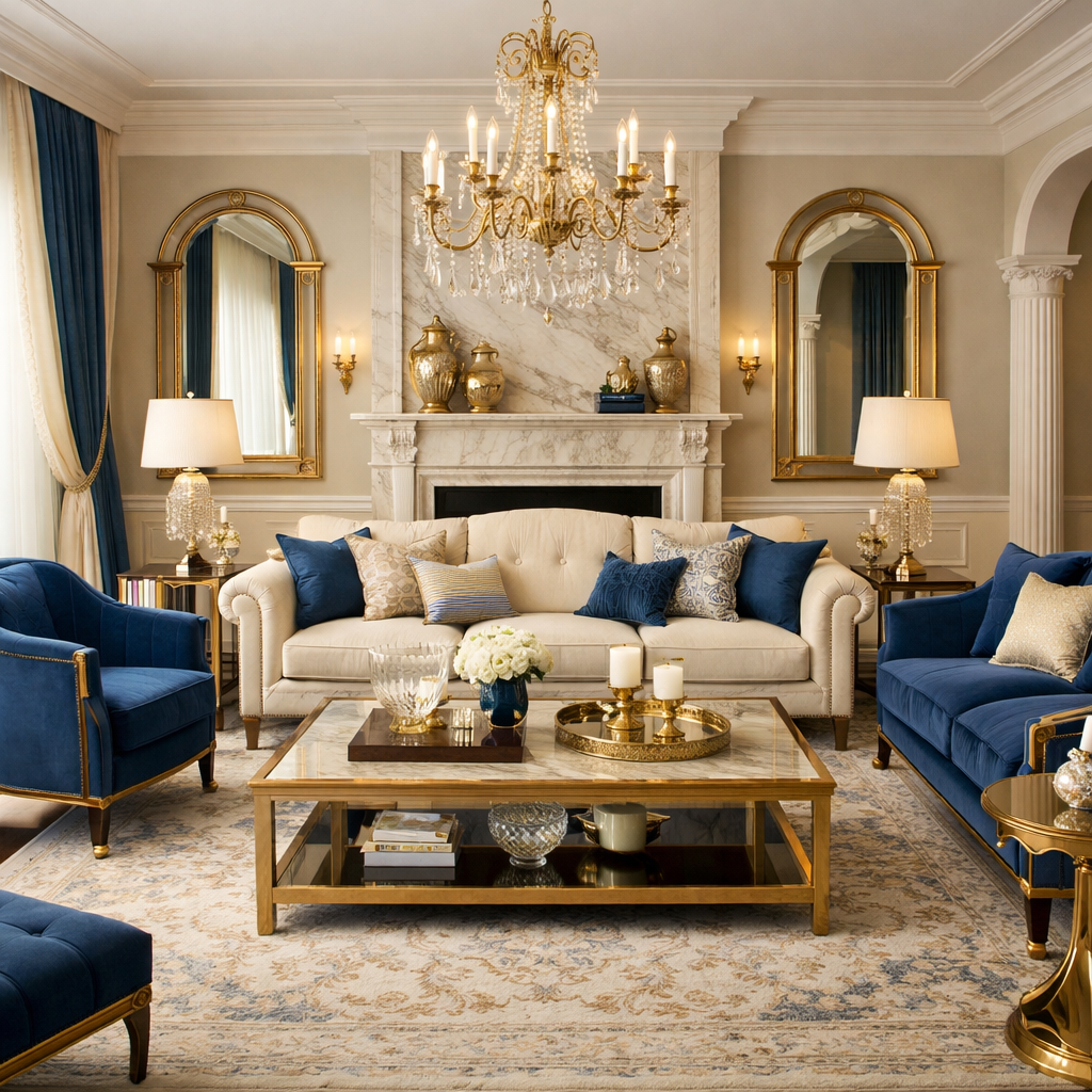 Blue and cream living room featuring gold accents, plush furniture, and elegant decor.