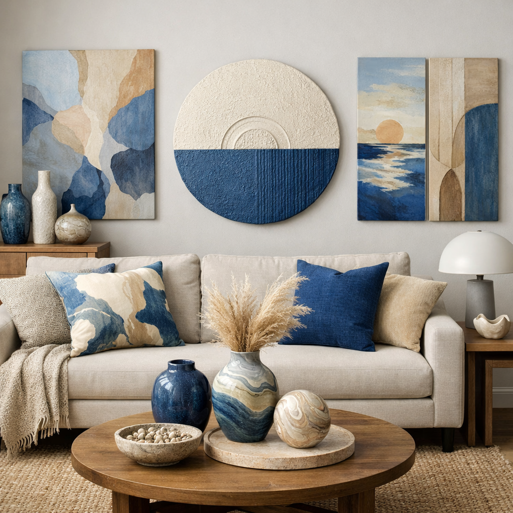 Stylish living room with blue and neutral decor, featuring abstract wall art and decorative vases