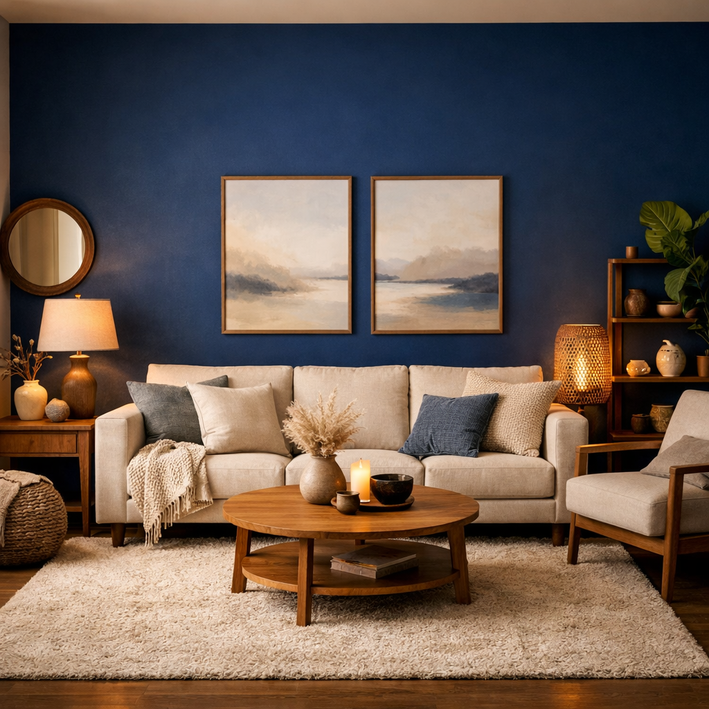 A cozy living room featuring a bold blue accent wall with beige sofa and neutral decor.