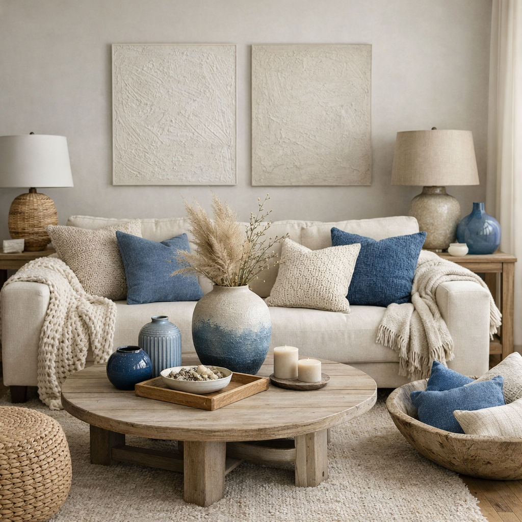 A cozy living room with neutral textures and blue accents featuring a light beige couch, blue pillows, wooden coffee table, and decorative vases.