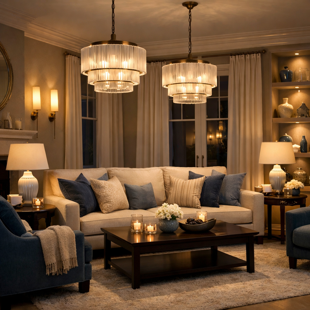 Elegant living room with chandeliers and cozy lighting.