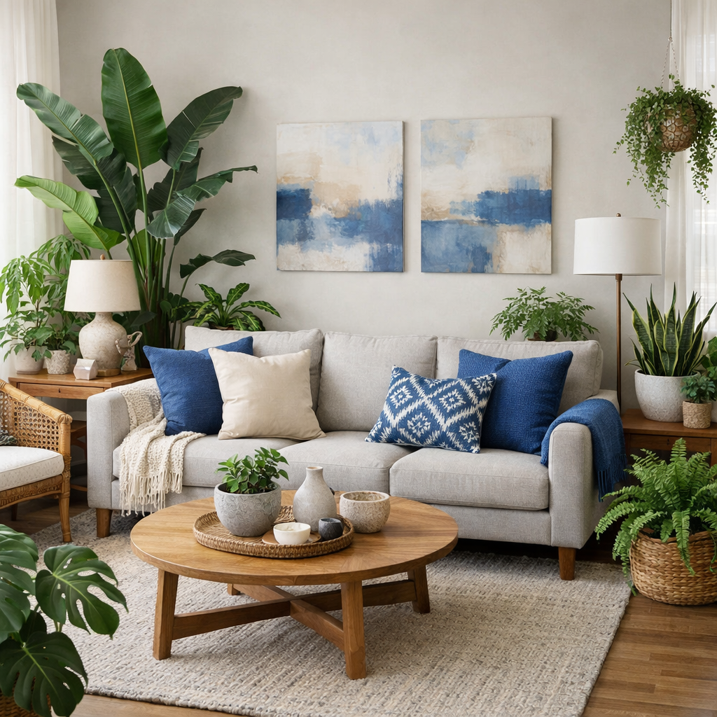 A bright living room featuring a grey sofa with blue pillows, wooden coffee table, and various indoor plants