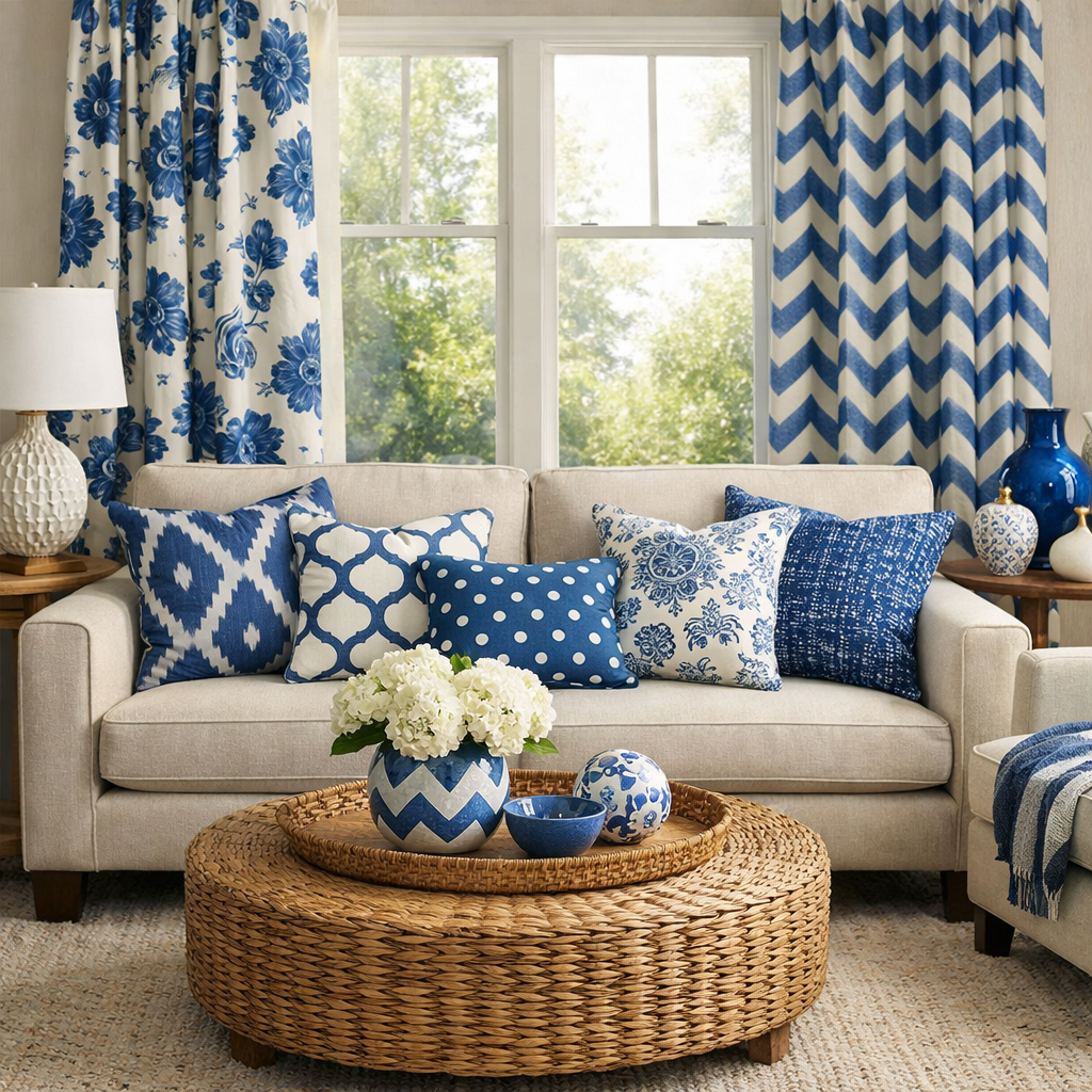 A stylish living room featuring a neutral sofa adorned with various blue patterned cushions, blue and white curtains, and a woven coffee table.