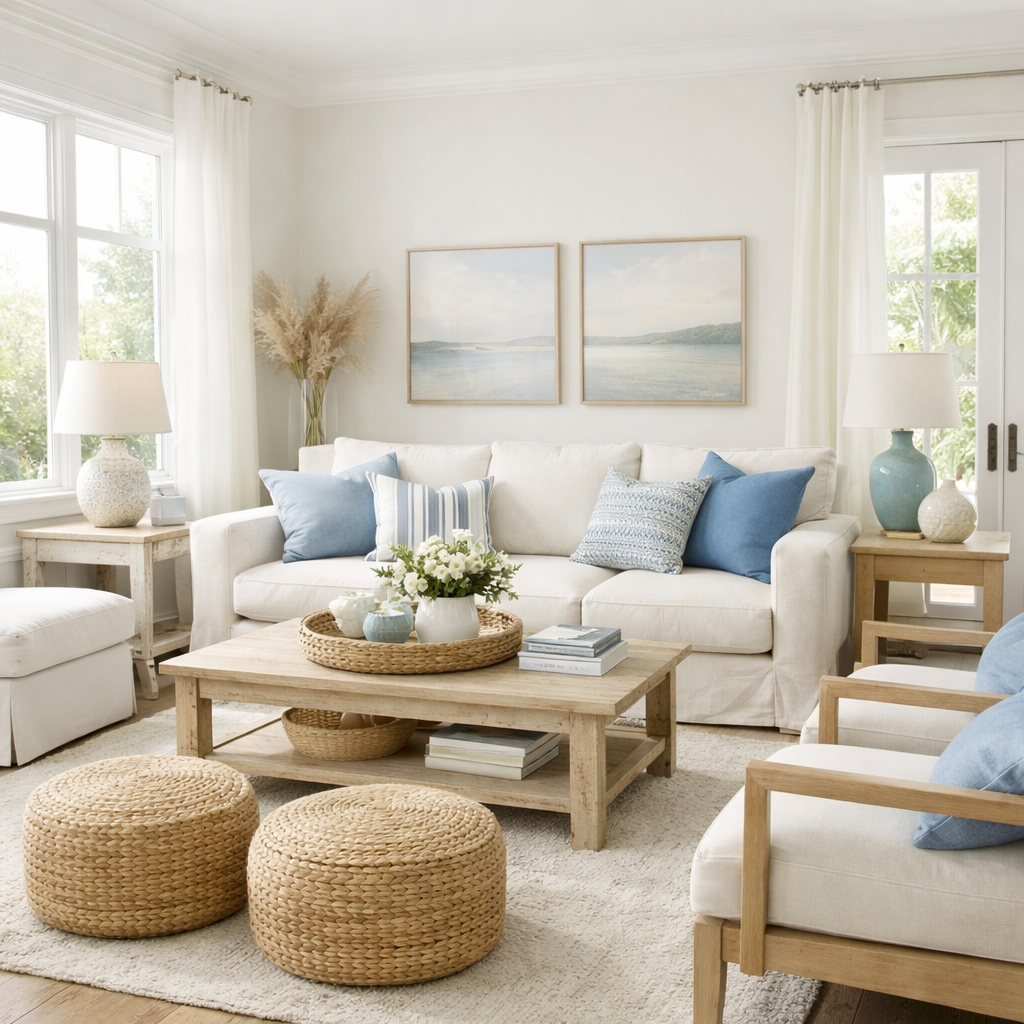 A bright living room with a neutral color scheme accented by blue pillows, a wooden table, and lots of natural light.