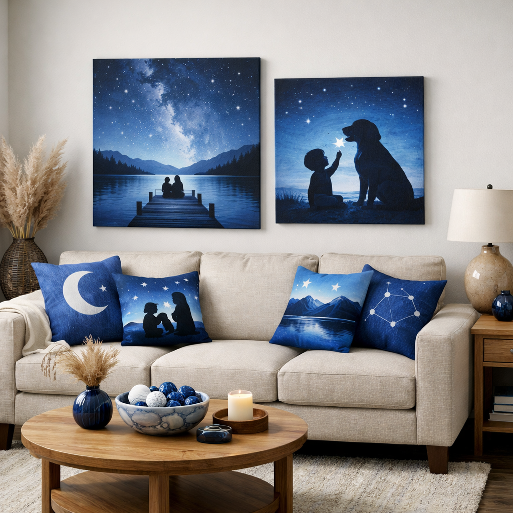 A stylish living room with personalized blue accessories, featuring a beige sofa with blue pillows and artwork on the walls.
