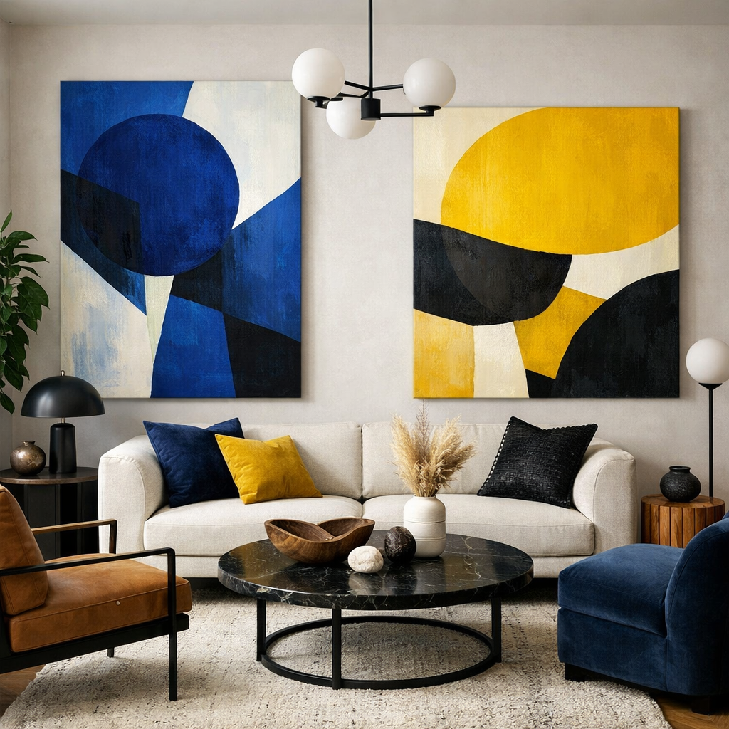 Stylish blue and yellow living room with bold abstract artwork, a comfortable sofa, and a modern coffee table.