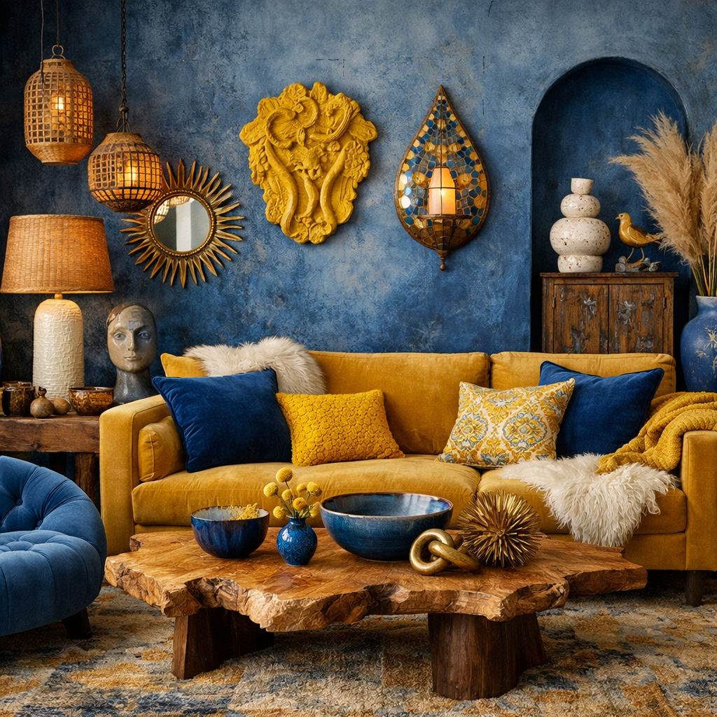 A vibrant blue and yellow living room featuring a yellow sofa, textured pillows, a wooden coffee table, and eclectic decorative pieces.