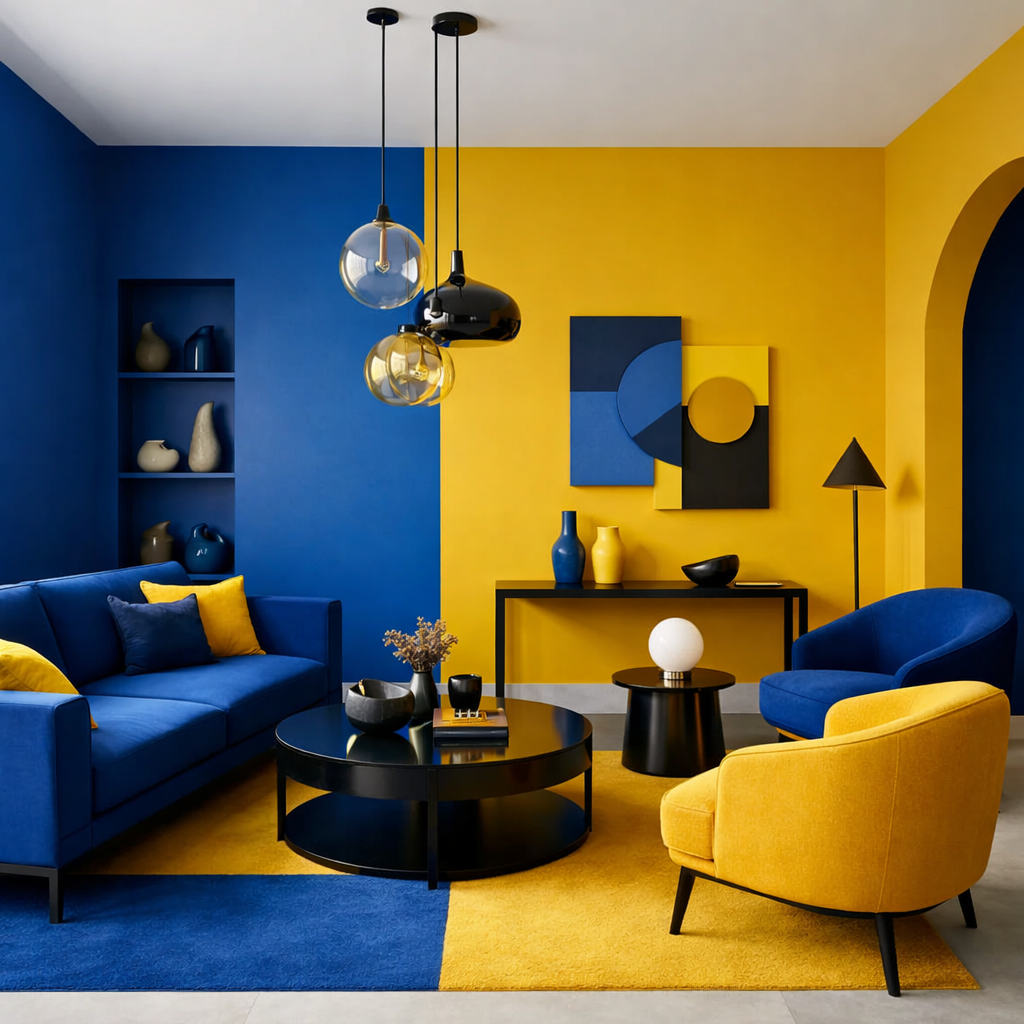 A modern living room featuring blue and yellow color blocking with a blue sofa, yellow armchair, and decorative elements.
