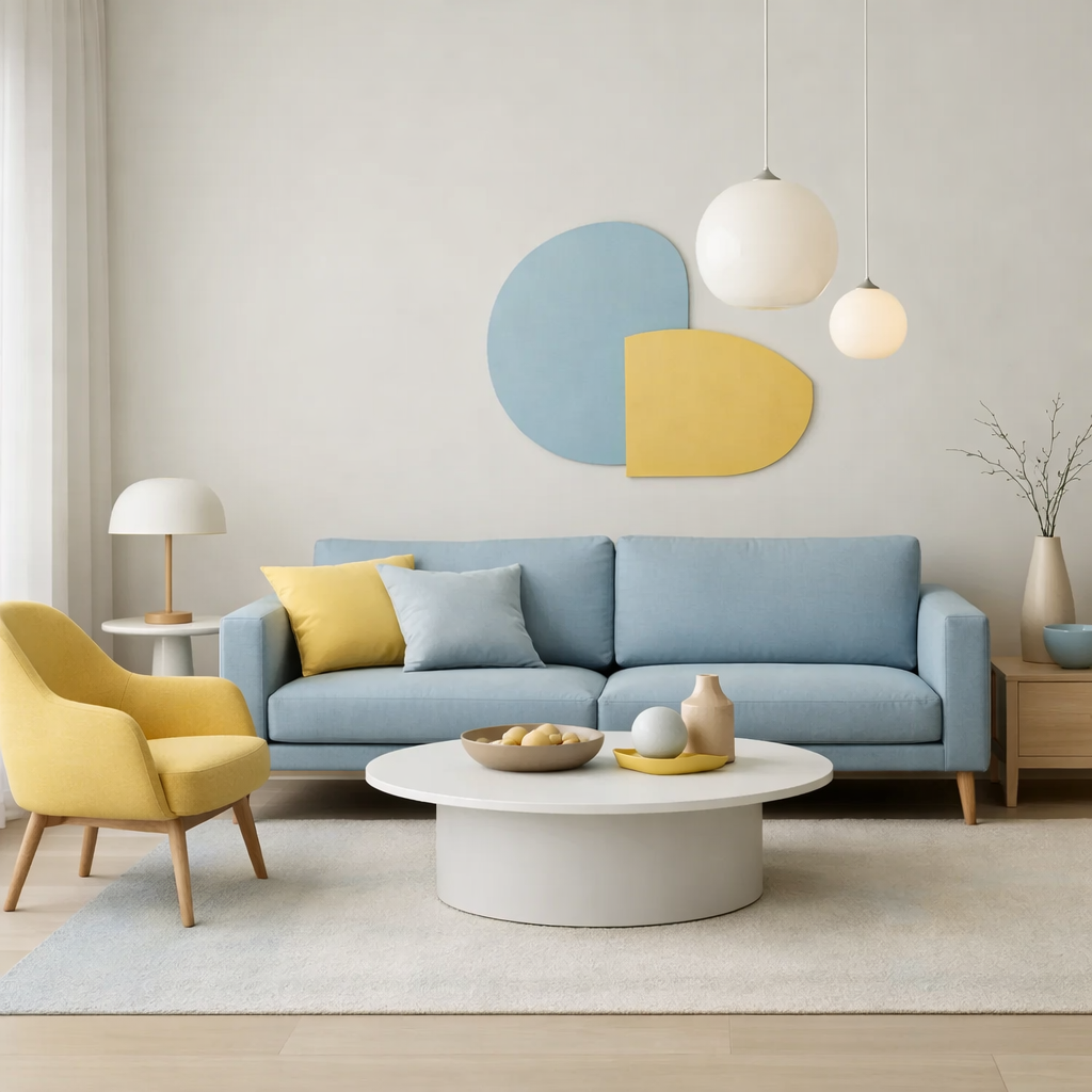 A modern minimalist living room featuring a blue couch and yellow accents.