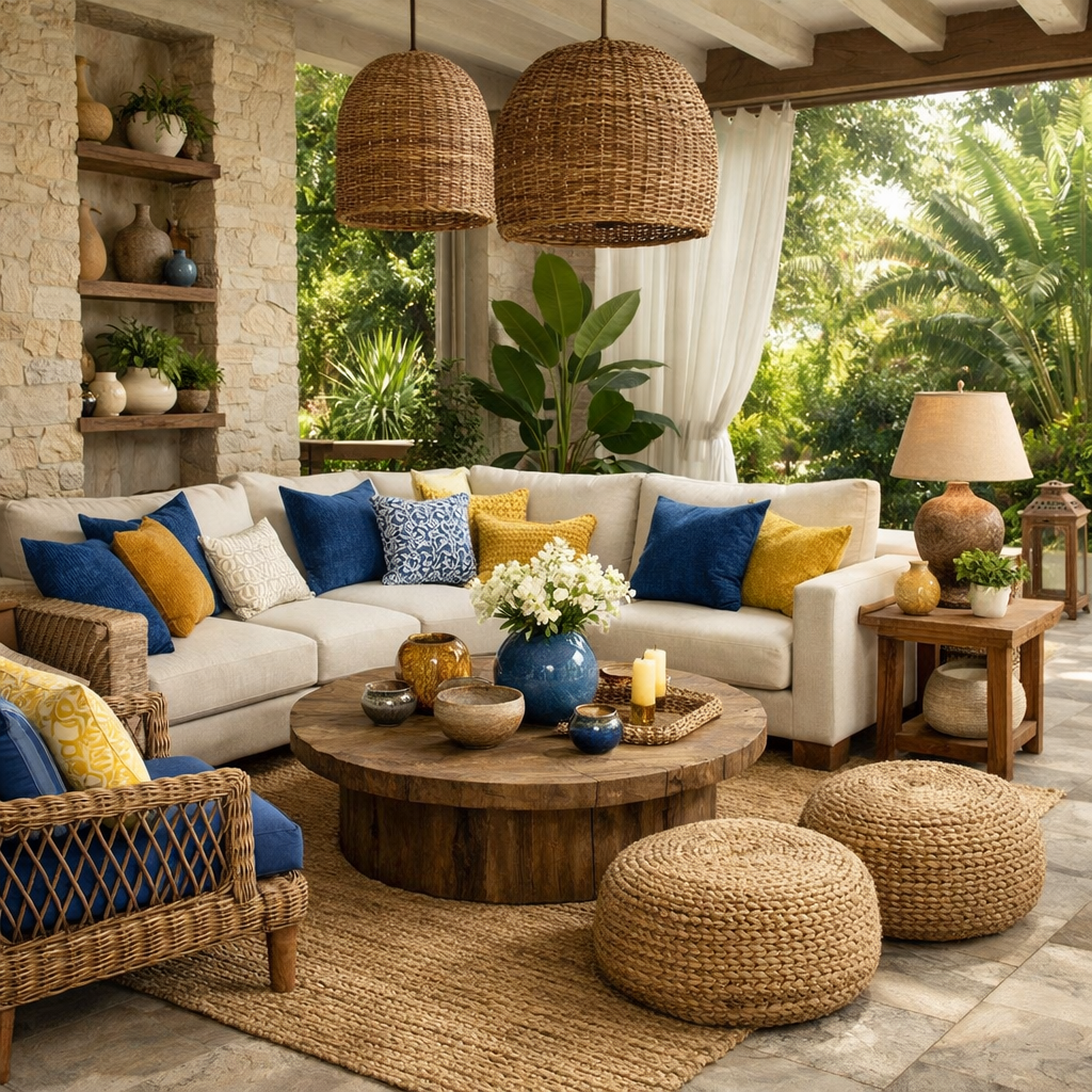 A cozy outdoor-inspired living room with a beige sectional sofa, blue and yellow decorative pillows, a round wooden coffee table, and hanging wicker lights, surrounded by greenery.