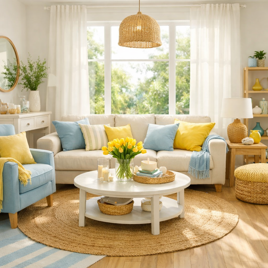 Cozy blue and yellow living room with natural light, stylish decor, and vibrant flowers.