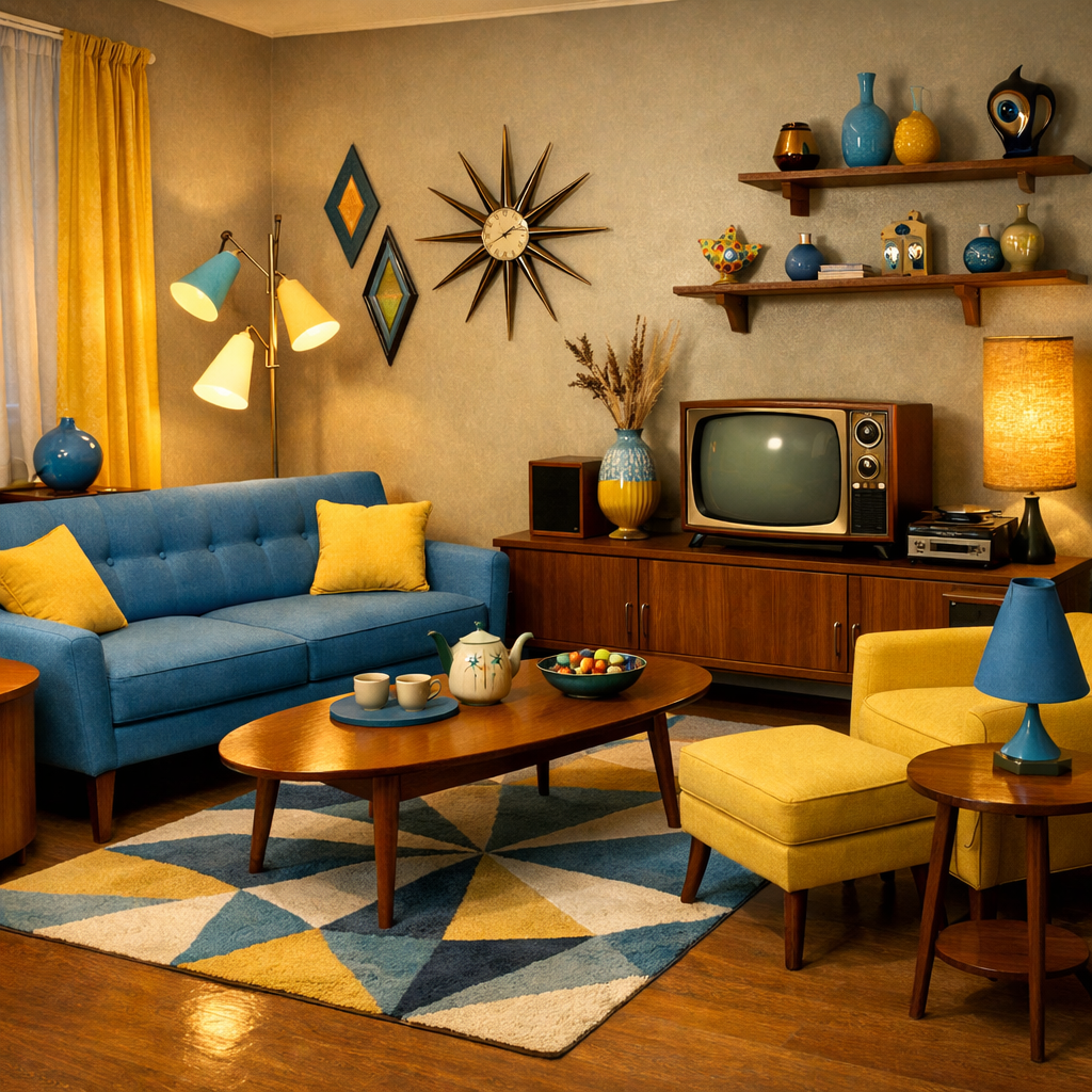A vintage living room with a blue sofa, yellow accents, and retro decor
