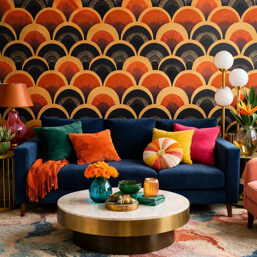 A living room featuring a navy blue couch, vibrant patterned wallpaper, colorful pillows, and stylish decor.