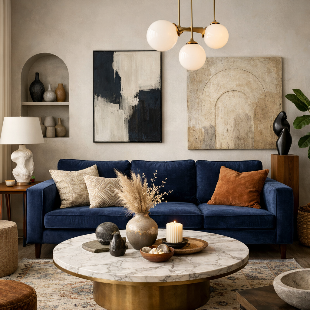 Living room featuring a navy blue couch, marble coffee table, and artistic decor.