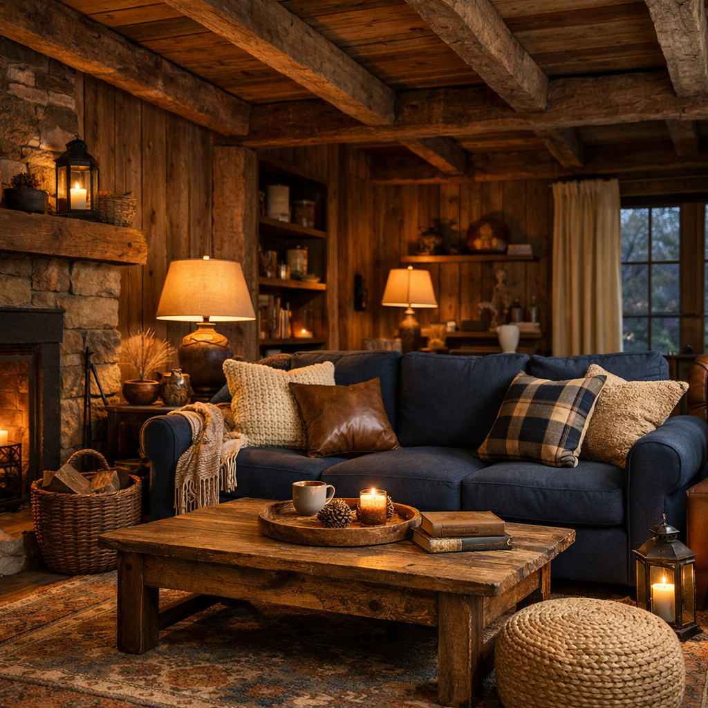 Cozy rustic living room featuring a navy blue couch, wooden beams, and a stone fireplace.