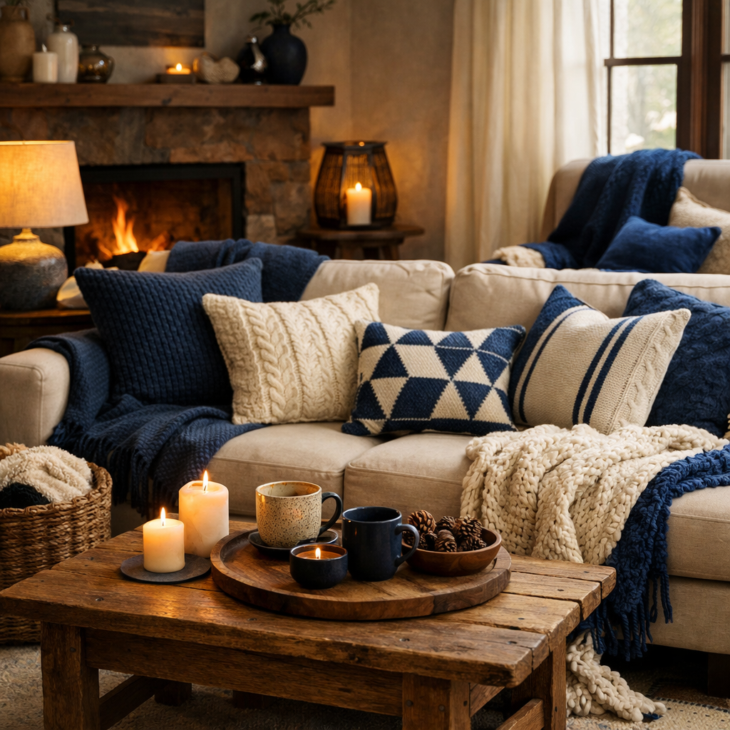 Cozy living room with navy blue and cream decor elements.