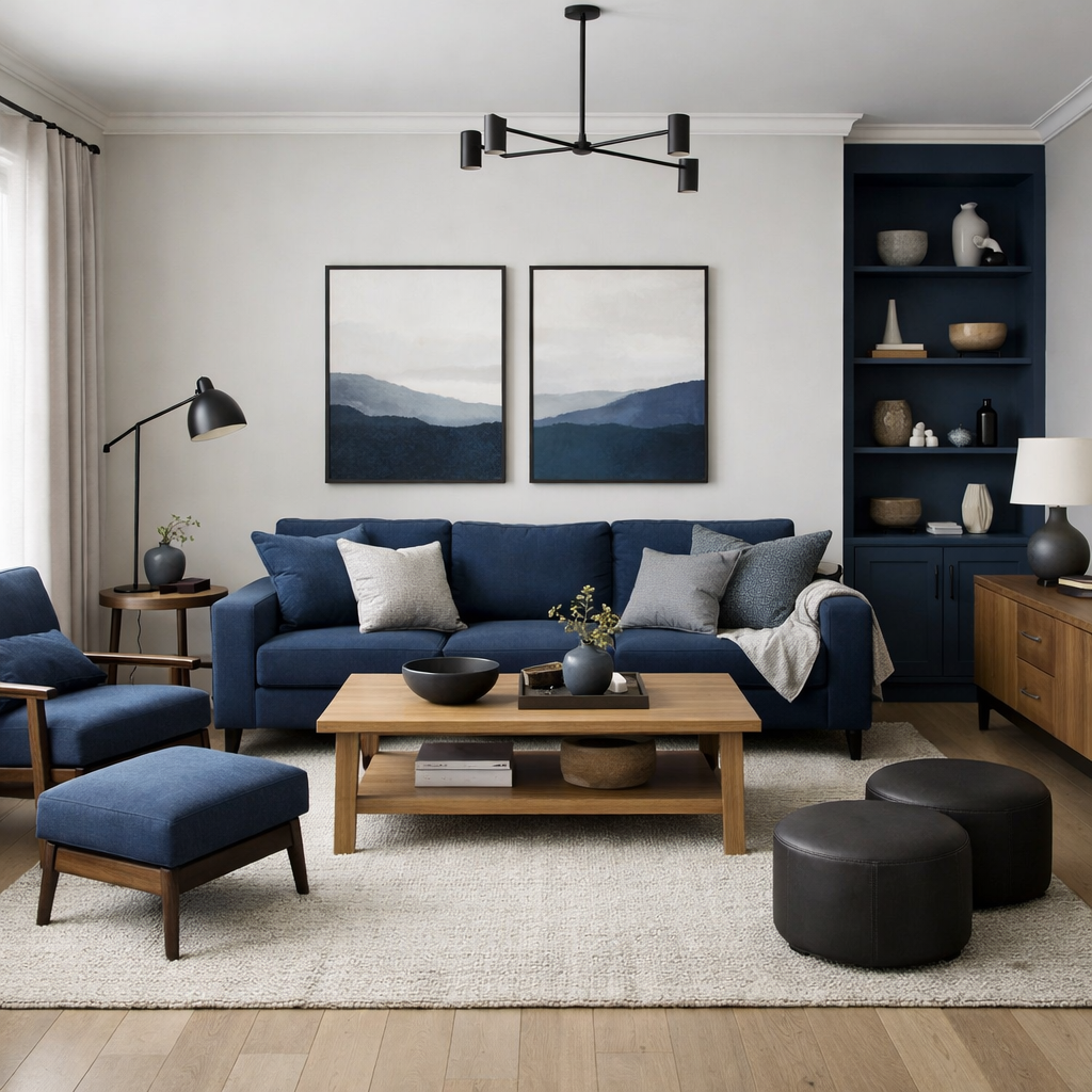 A stylish navy blue living room featuring a navy sofa, wooden coffee table, and modern decor.