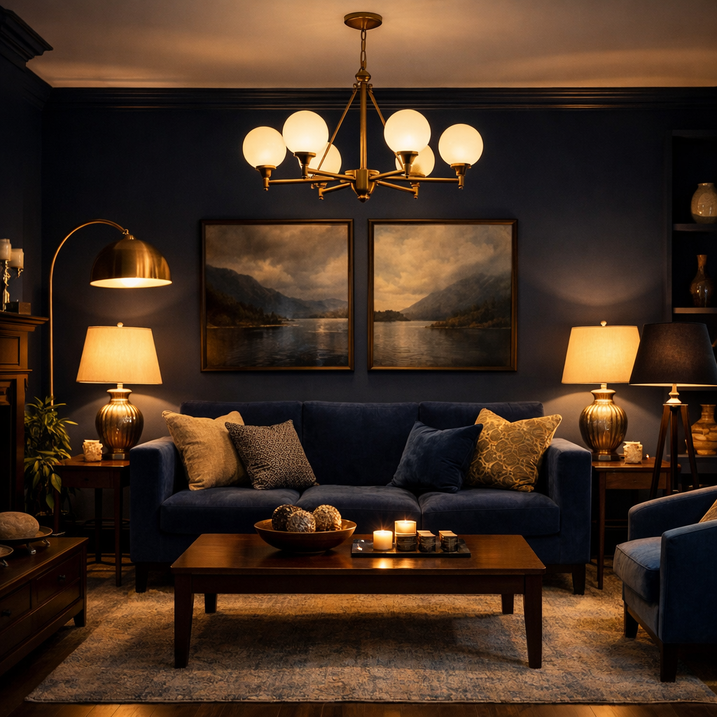 A cozy navy blue living room featuring a stunning chandelier, floor and table lamps, and a coffee table with candles.
