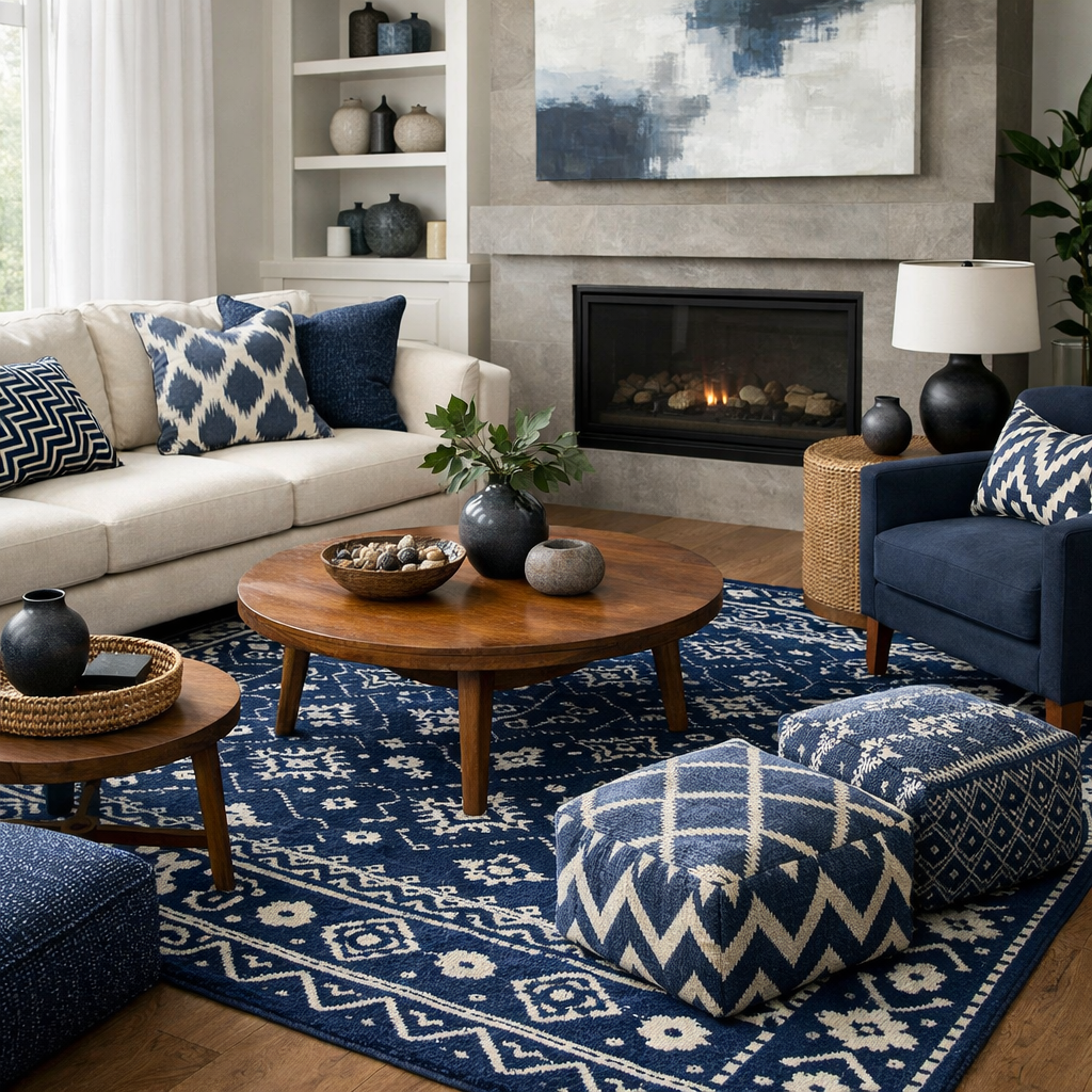 Modern living room featuring navy blue patterns in decor.