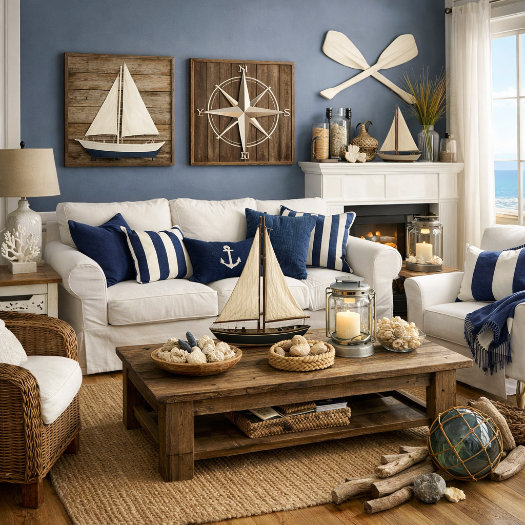 A coastal-themed living room featuring navy blue and white decor, with a coffee table, nautical artifacts, and a sunny view.