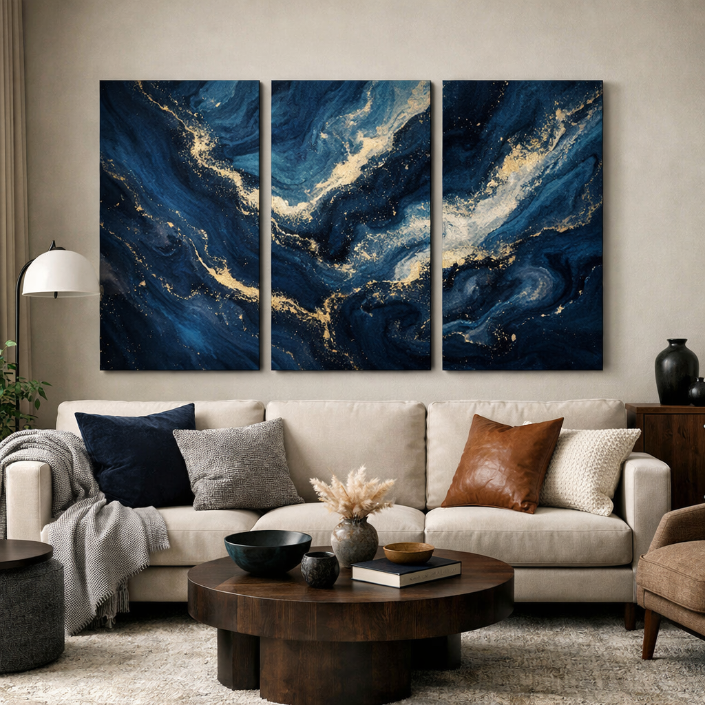 Cozy living room featuring navy blue wall art with swirls and gold accents
