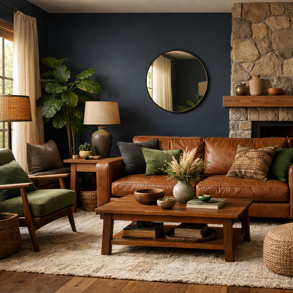 A cozy living room featuring navy blue walls, a brown leather sofa, earthy decor, and green accents.