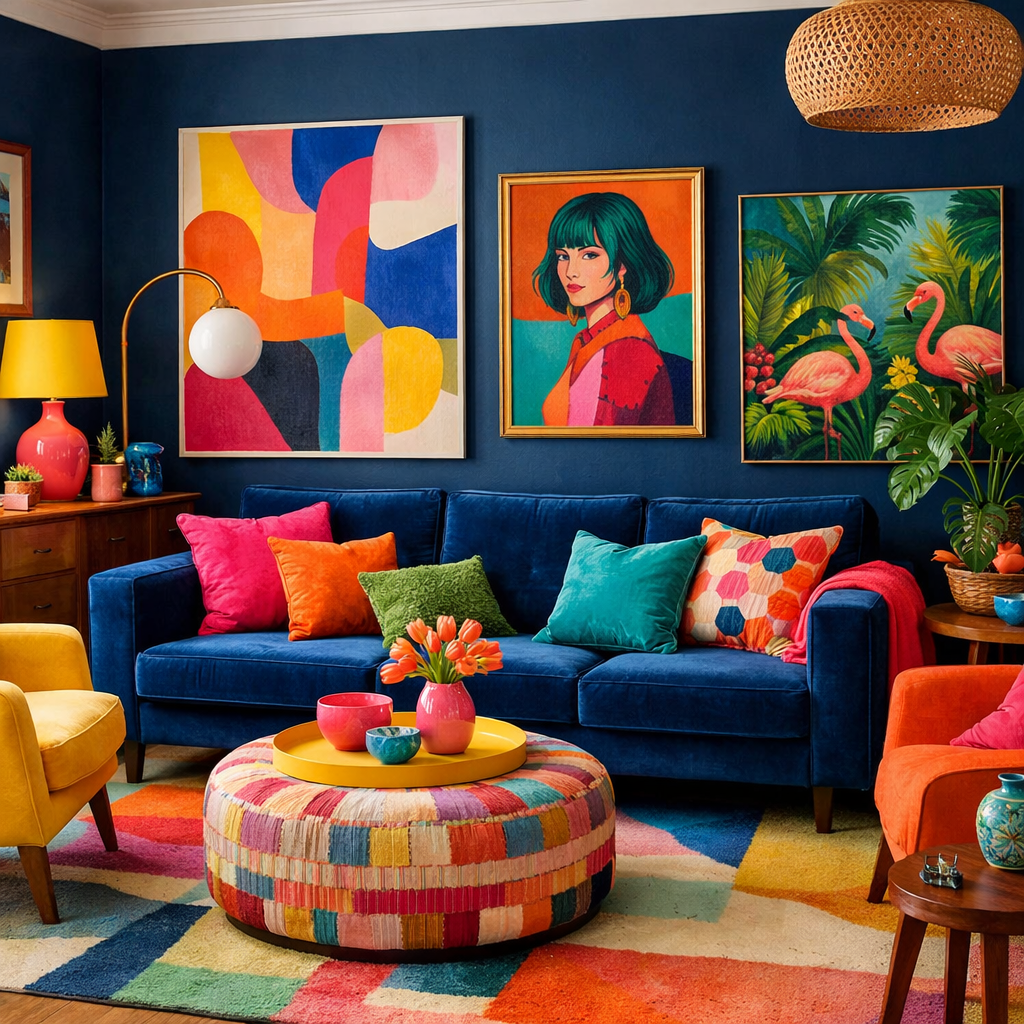 A bold dark blue living room featuring colorful accents, a plush blue sofa with vibrant pillows, and bright artwork on the walls.