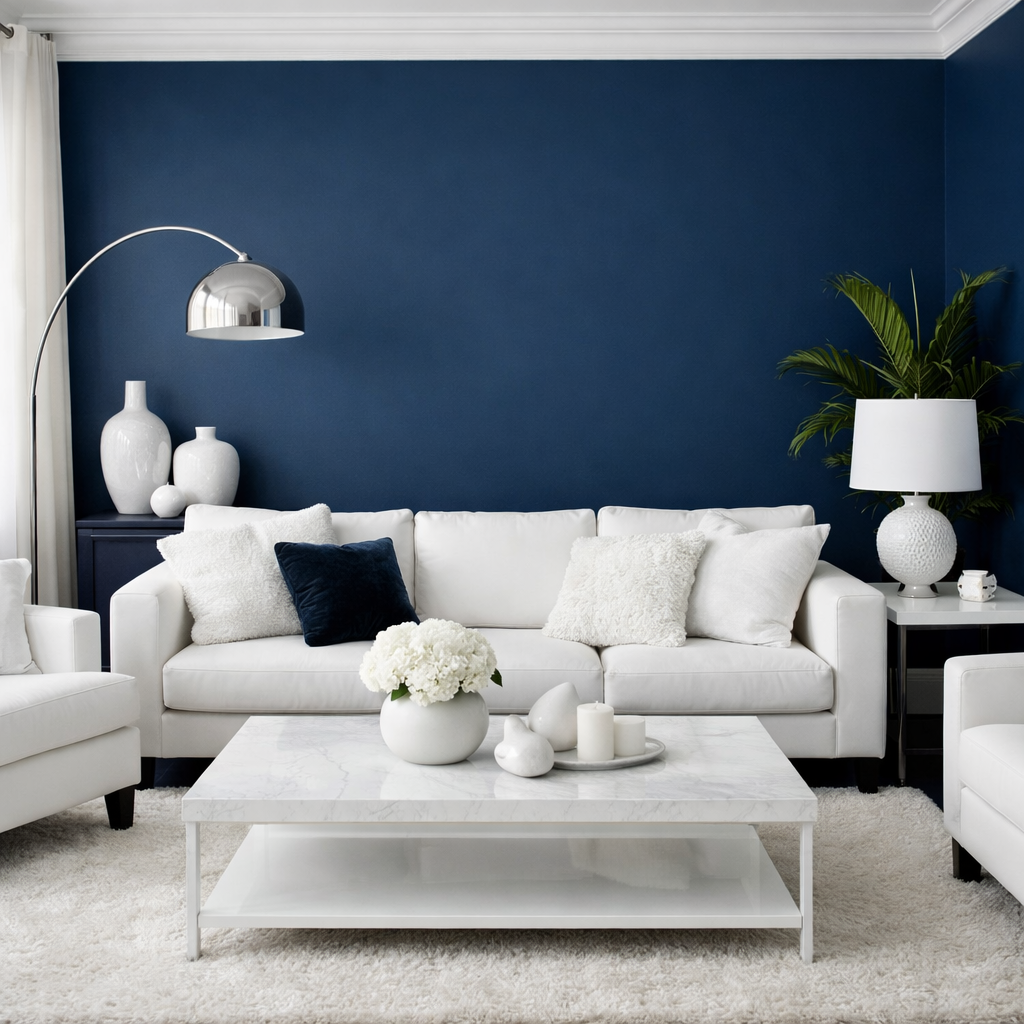 A dark blue living room with white furniture, highlighting the contrast between the colors.