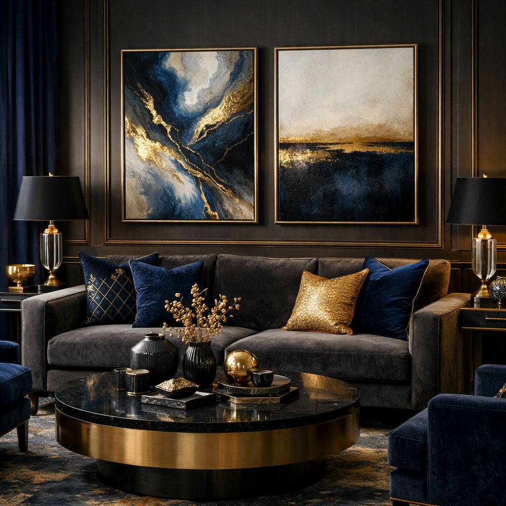 Elegant dark blue living room with gold decor elements