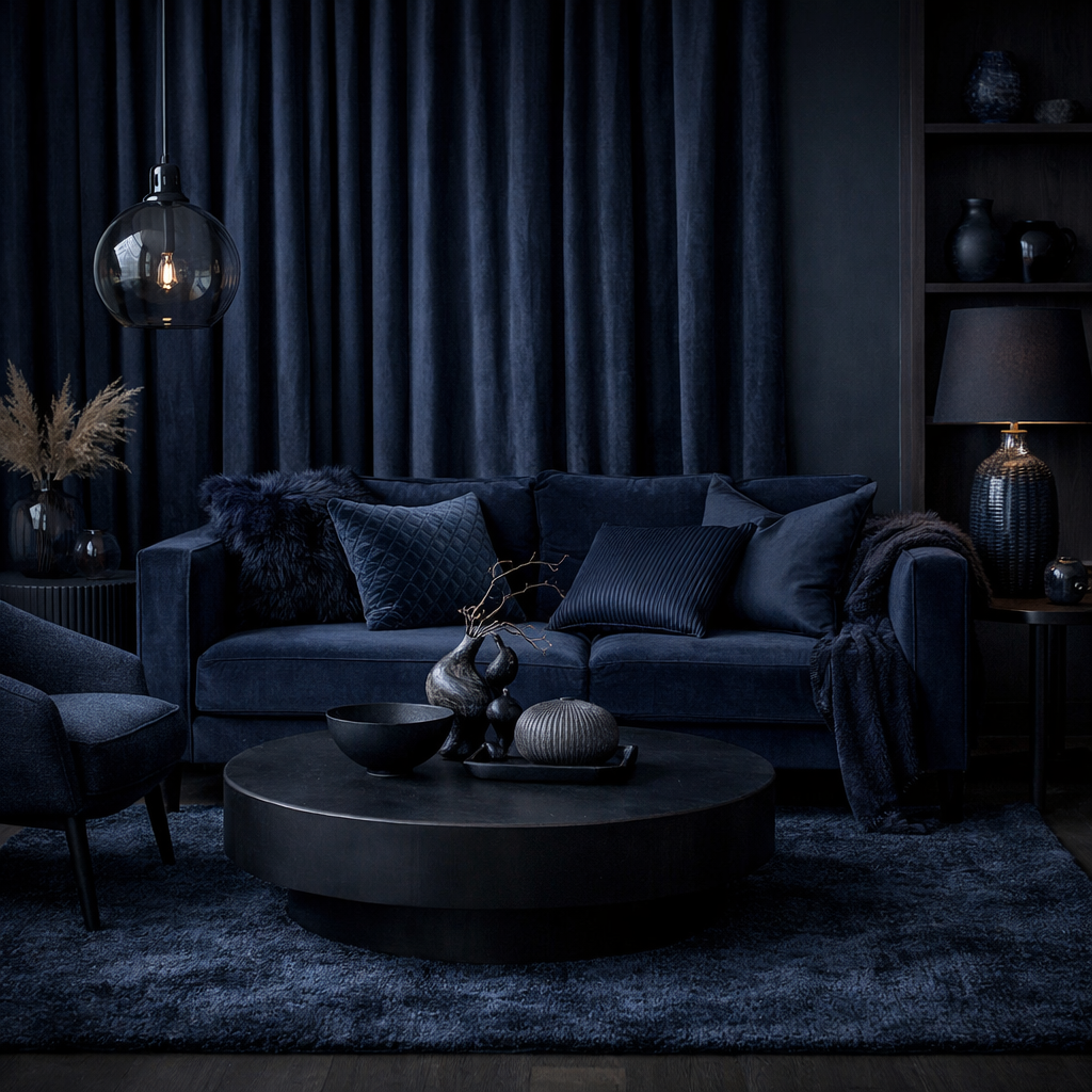 A dark blue themed living room featuring a plush sofa, textured cushions, a round coffee table, and warm lighting.