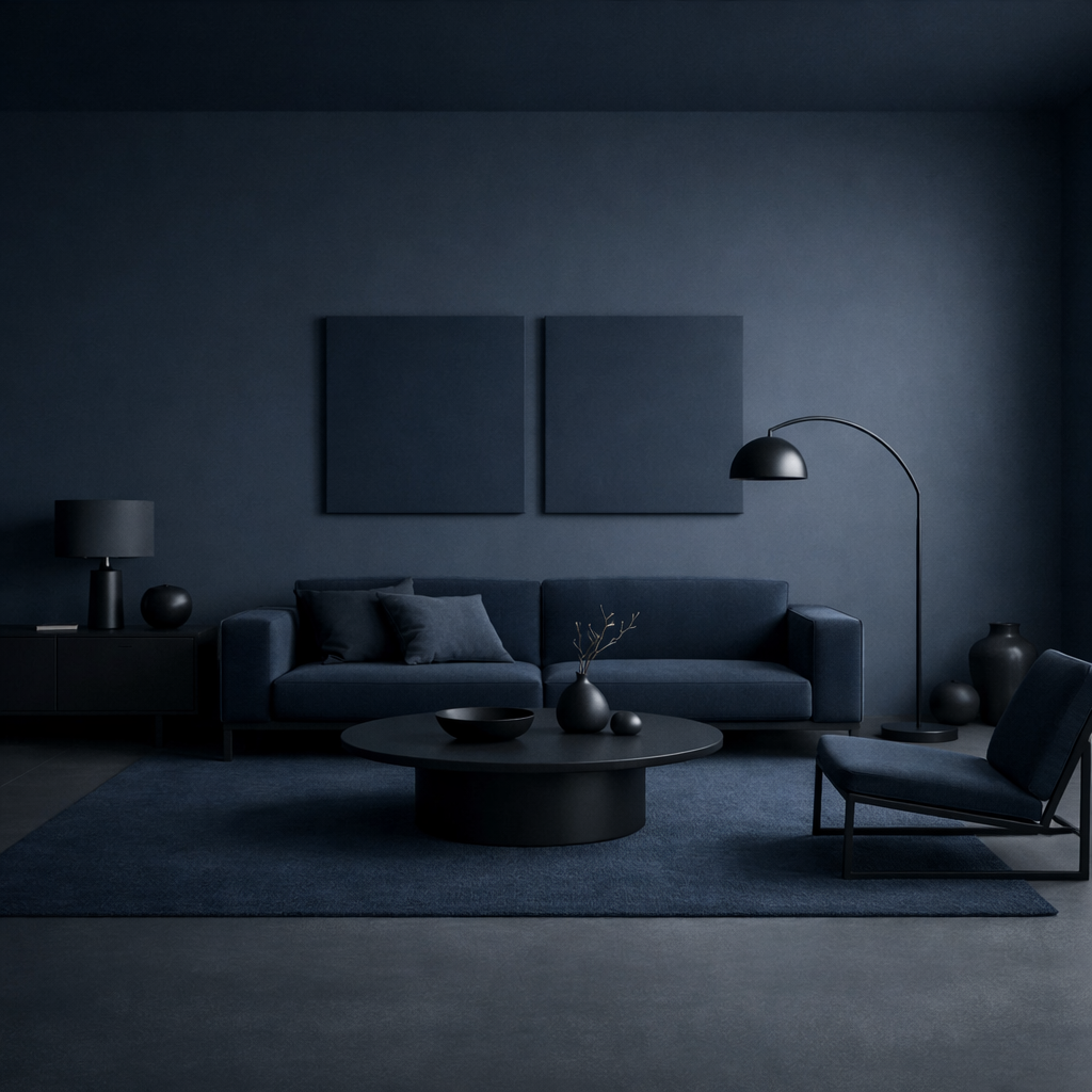 A modern minimalist living room featuring dark blue walls, a blue sofa, a black table, and minimalist decor.