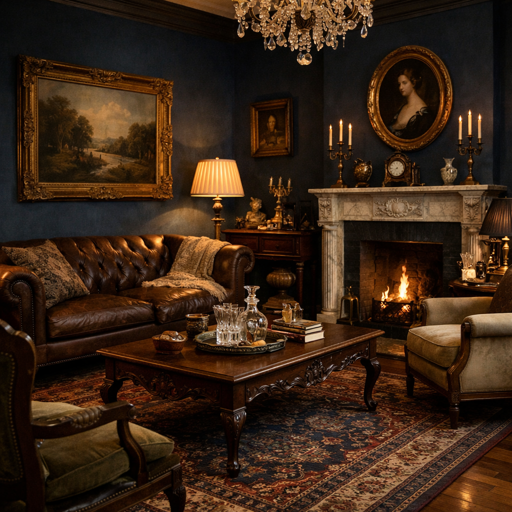 A vintage-inspired dark blue living room featuring antique furniture, a cozy leather sofa, and elegant decor.