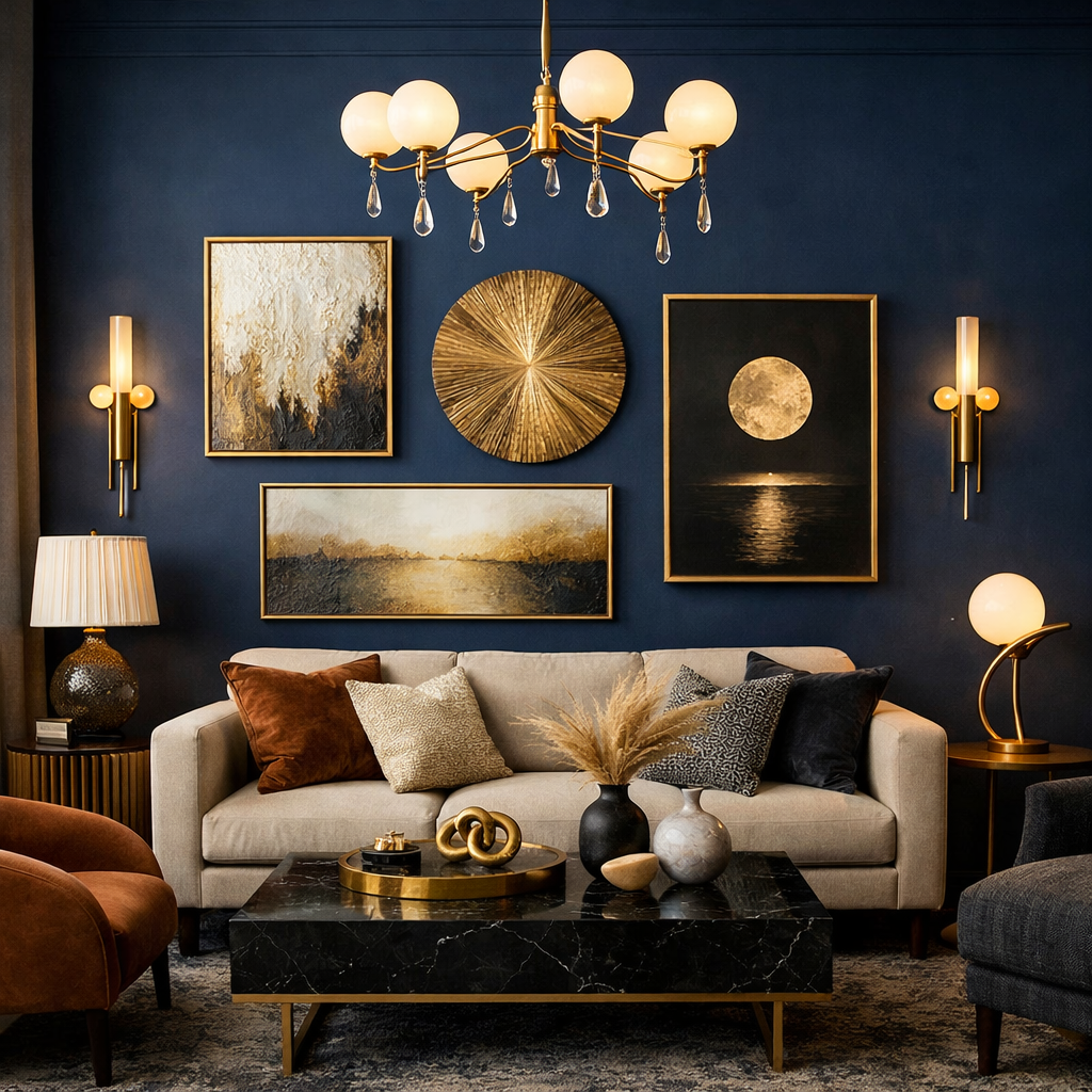 Elegant living room with deep blue accent wall and gold decorative elements.
