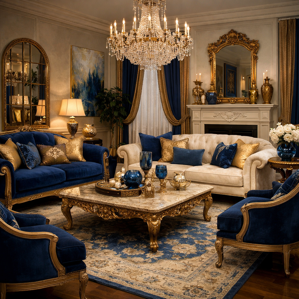 Elegant living room with blue and gold color scheme featuring plush blue sofas, gold accents, a chandelier, and decorative elements.