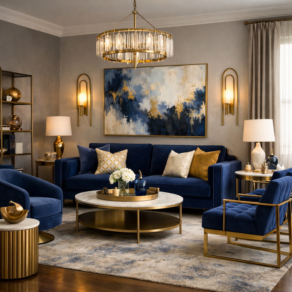 A stylish living room featuring blue and gold décor.